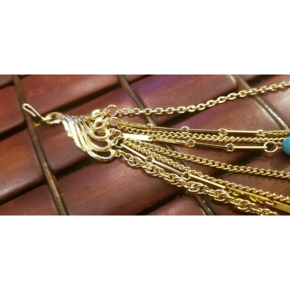 Vintage Eight Strand Gold Tone Necklace with Robins Egg Blue Beads 15"-18" - Picture 3 of 4